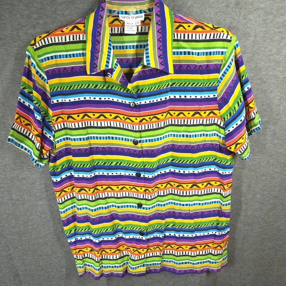 Vintage Nancy Crystal Silk Blouse Sz 10‎ Colorful Geometric Artsy Stripe 80s 90s